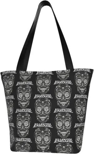 Killswitch Rock Band Engage Reusable Grocery Bag for Kitchen Shoulder Shopping Bag Tote Bags with Zipper for Women Large Capacity Handbag for Indoor Funny Daily Bag Storage Bags
