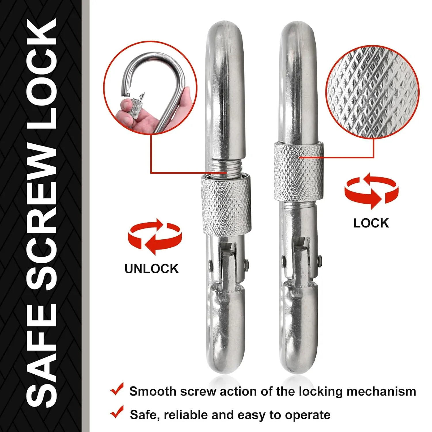 KINLINK 2 Pack Screw Locking Carabiner - 5.50 inch Heavy Duty Carabiner Clips, 304 Stainless Steel Large Caribiner for Camping, Swing, Hammock, Hiking,Weight Lifting Machine, Home Gym Equipment