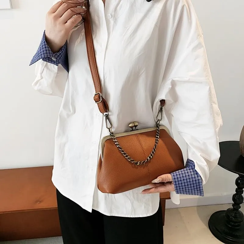Kiss Lock Purses and Handbags for Women Kisslock Crossbody Bag Faux Leather Clutch Purse Trendy Evening Bag