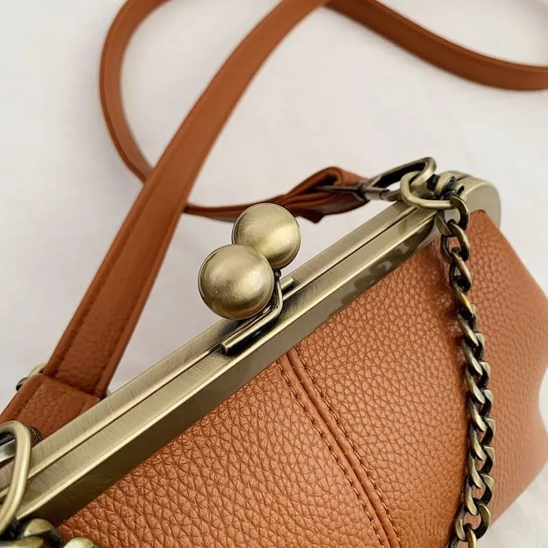 Kiss Lock Purses and Handbags for Women Kisslock Crossbody Bag Faux Leather Clutch Purse Trendy Evening Bag