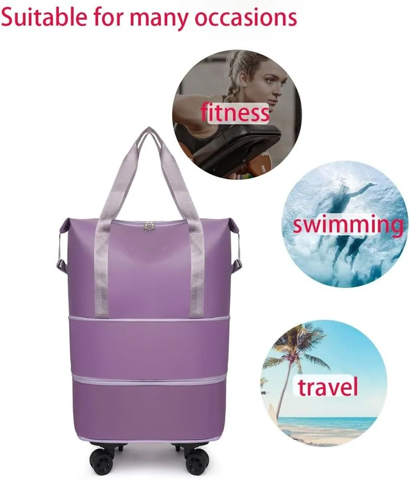 Kulken Travel Bag with Wheels, Waterproof Suitcase for Travel, Large Capacity Foldie Sports Duffle Bag, Weekender Expandable Overnight Bag, Carry on Gym Garment Bags(Dark Purple)