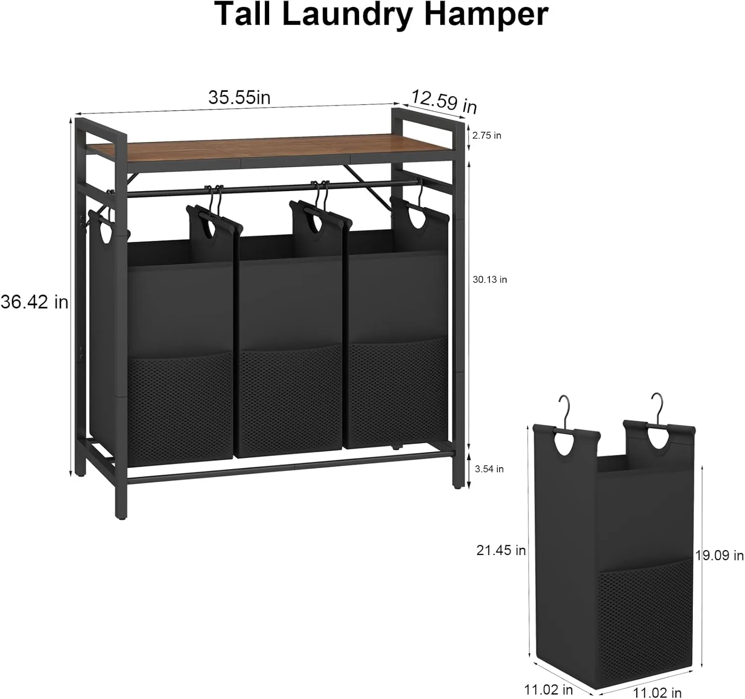 LAATOOREE Tall Laundry Hamper with Top Shelf, Laundry Basket with 3 Removable Laundry Sorter Bags, 3 Compartment Clothes Hamper for Laundry Room, Bedroom