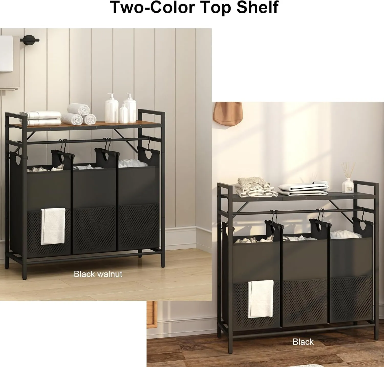 LAATOOREE Tall Laundry Hamper with Top Shelf, Laundry Basket with 3 Removable Laundry Sorter Bags, 3 Compartment Clothes Hamper for Laundry Room, Bedroom