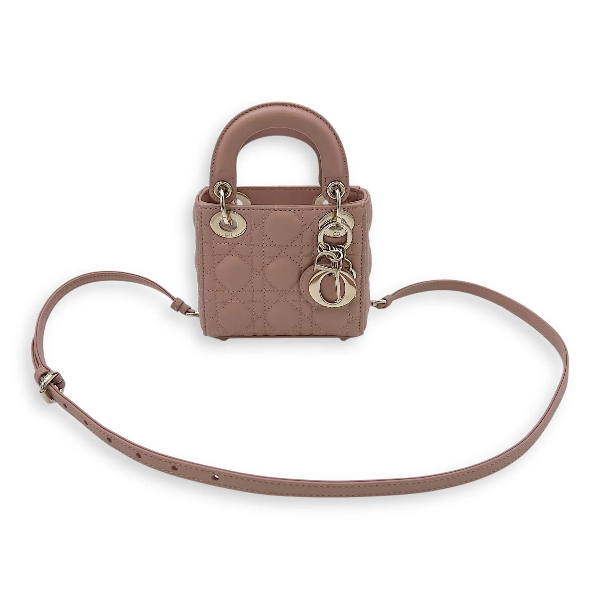 Lady Dior Micro Beige Top Handle Bag in Lambskin, Light Gold hardware