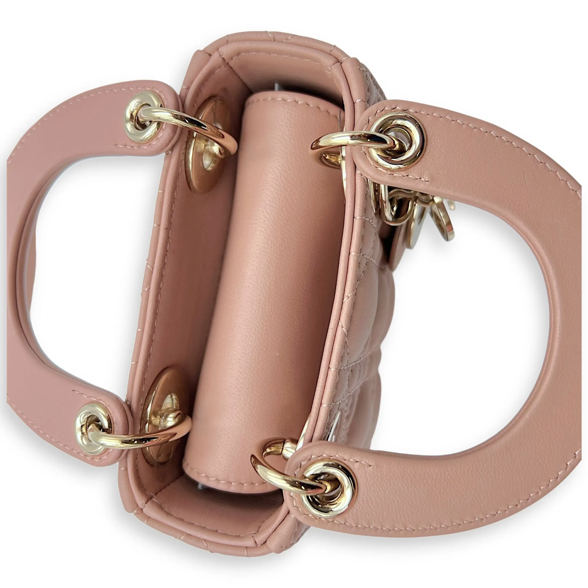 Lady Dior Micro Beige Top Handle Bag in Lambskin, Light Gold hardware