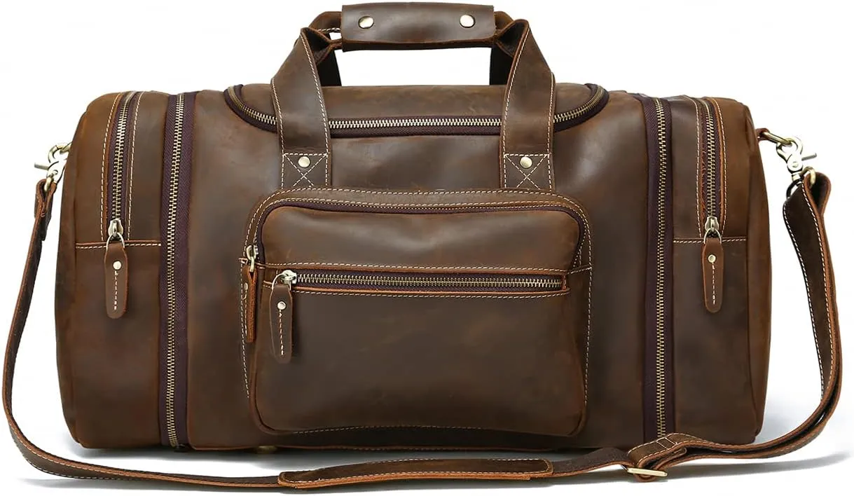 Lannsyne 24" Vintage Full Grain Expandable Leather Travel Duffle Bags Weekender Overnight Camping Bag For Men