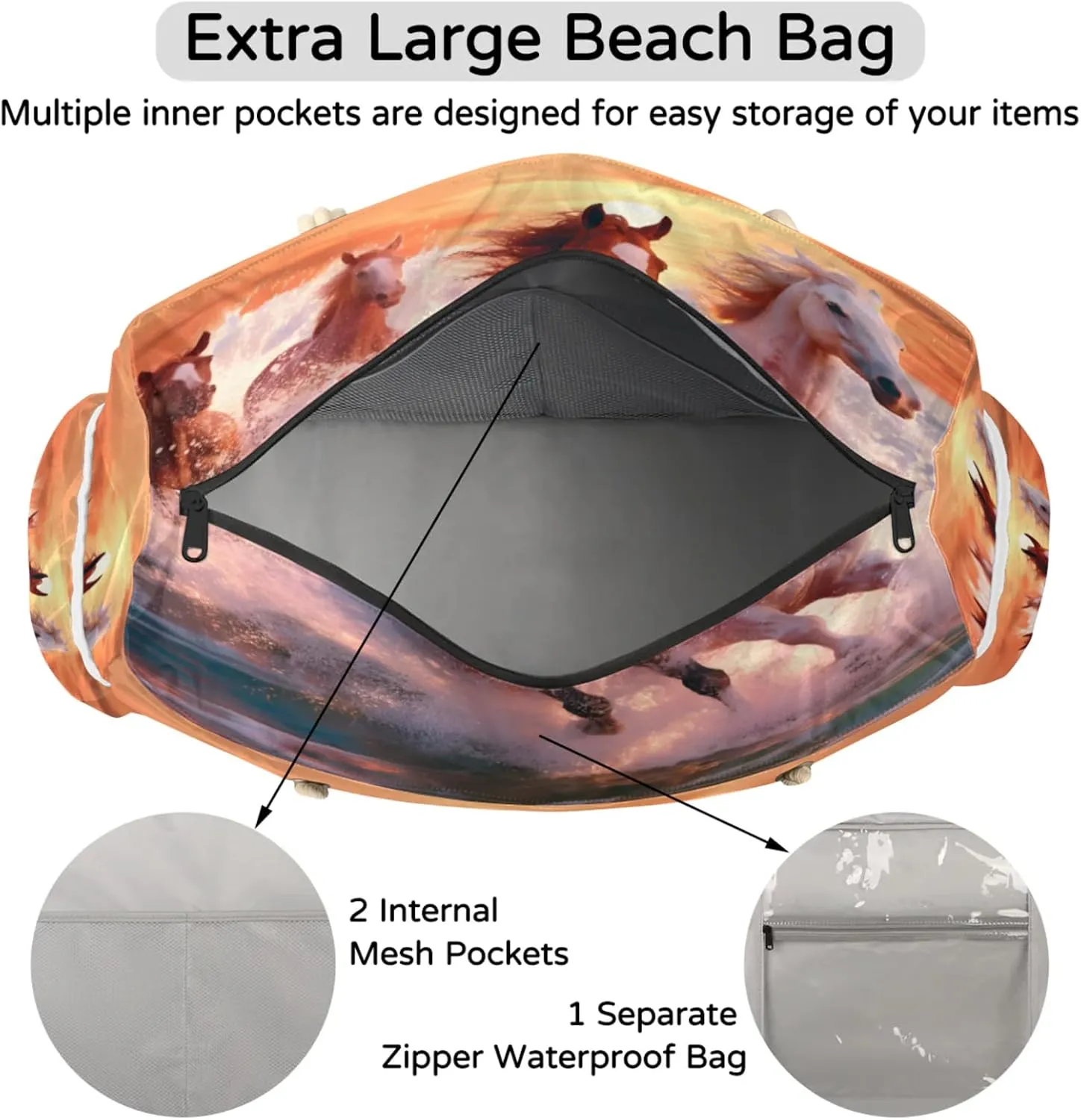 Large Beach Tote Bags for Women, Waterproof Beach Bag with Zipper, Swim Pool Tote Bags