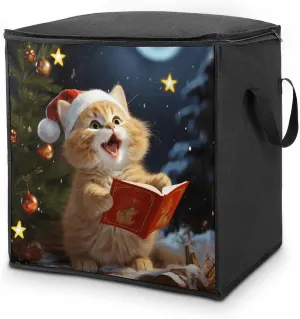 Large Capacity Clothes Storage Organizer,Cute Cat Sing Christmas Carols Print Quilt Storage Bag,clothes Storage Bins with Lids And Handle