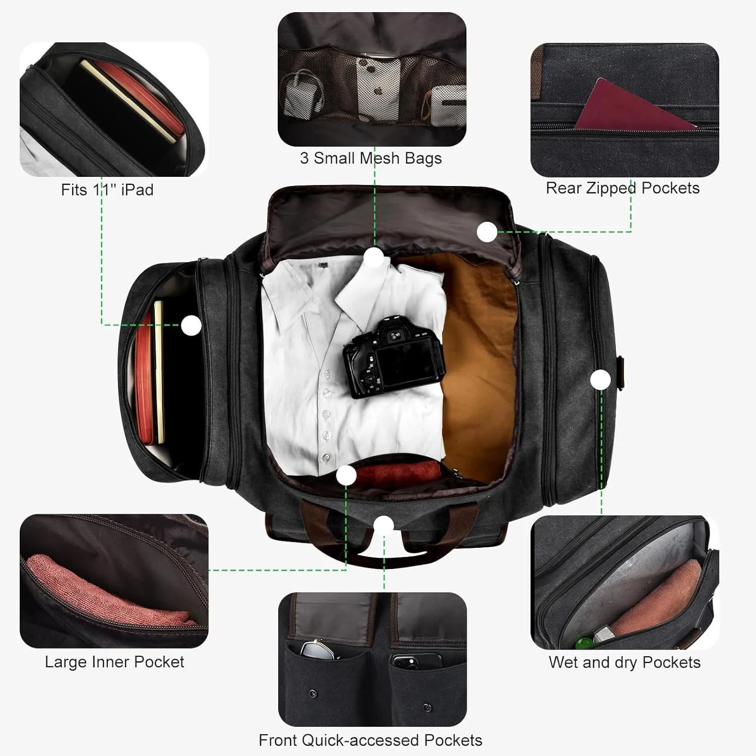 Large Duffle Bag for Travel, 60L Canvas Travel Duffel Bags Travel Bags Overnight Weekend Gym Bag Carry On Duffel Bag with Wet Dry Separation Pocket & Shoe Compartment(Black)