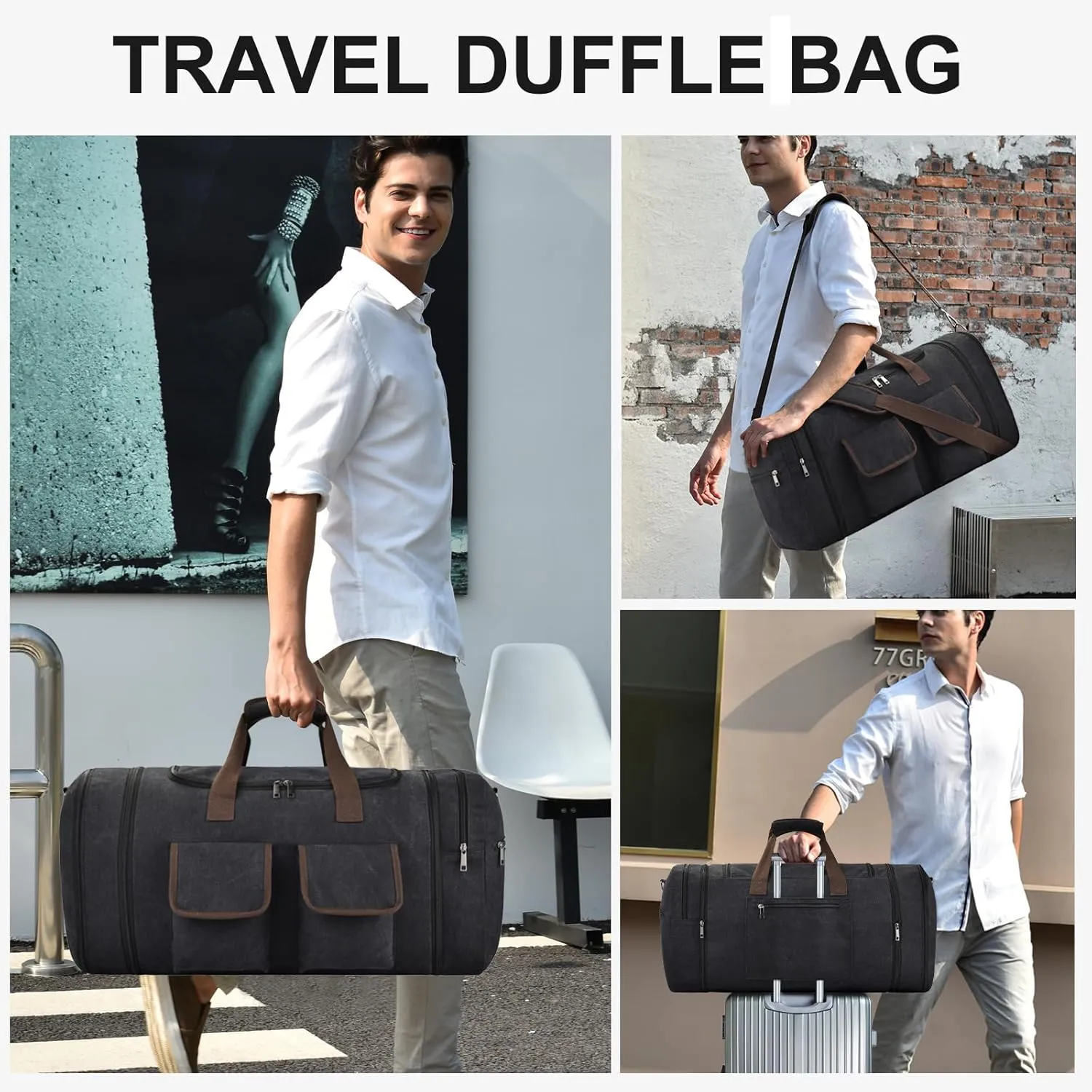 Large Duffle Bag for Travel, 60L Canvas Travel Duffel Bags Travel Bags Overnight Weekend Gym Bag Carry On Duffel Bag with Wet Dry Separation Pocket & Shoe Compartment(Black)