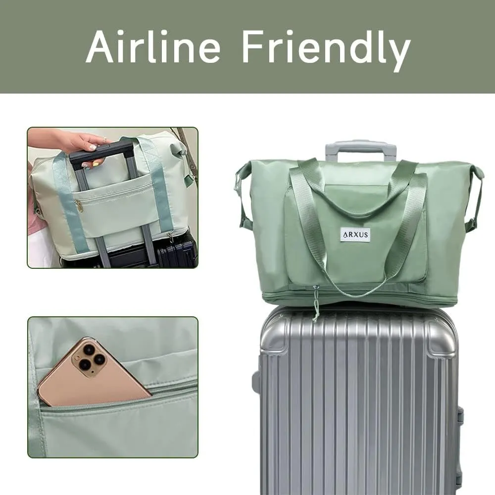 Large Folding Travel Duffle Bag, Expandable Waterproof Gym Weekend Carry On Overnight Tote Bag for Women, Green