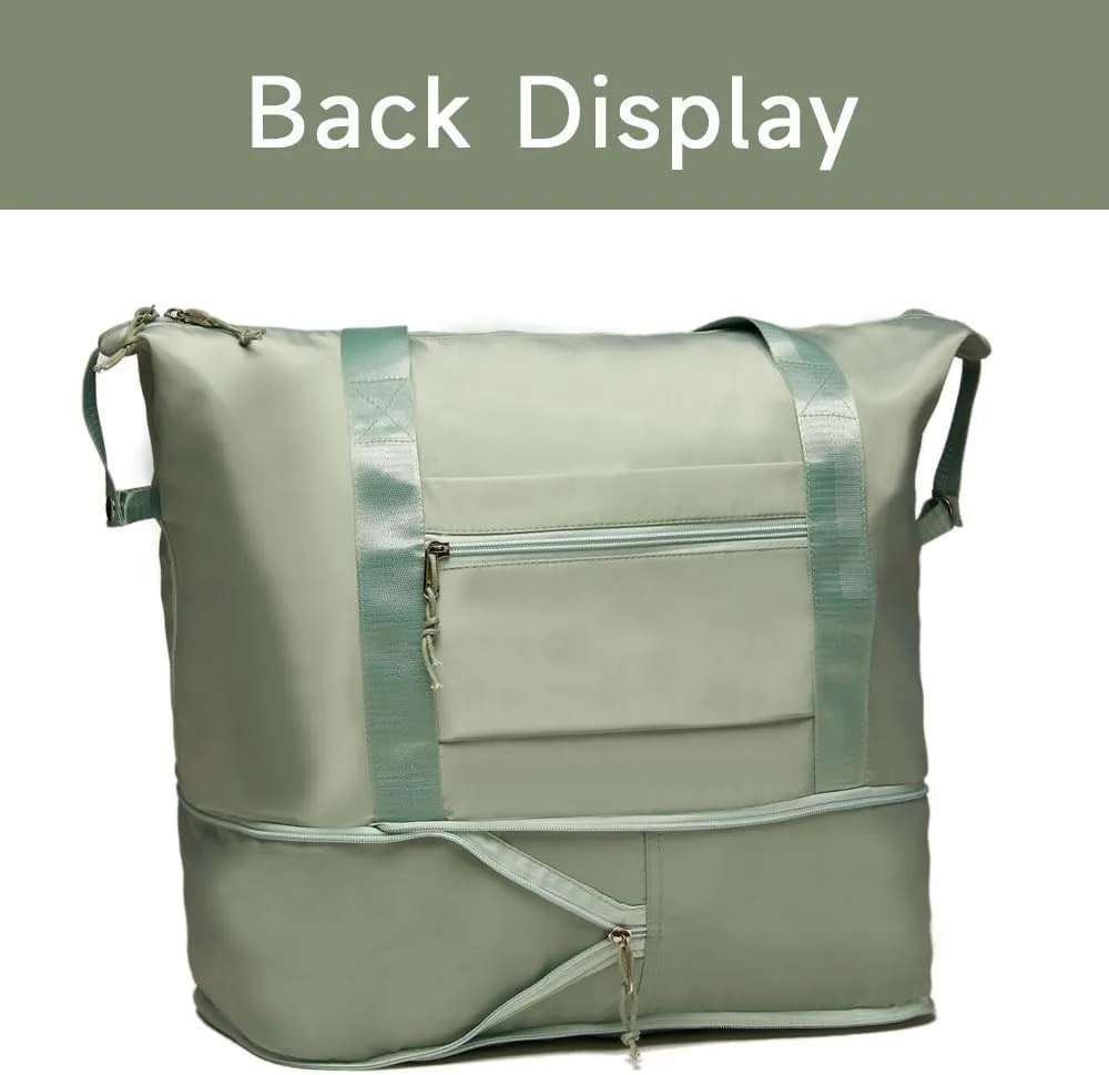 Large Folding Travel Duffle Bag, Expandable Waterproof Gym Weekend Carry On Overnight Tote Bag for Women, Green