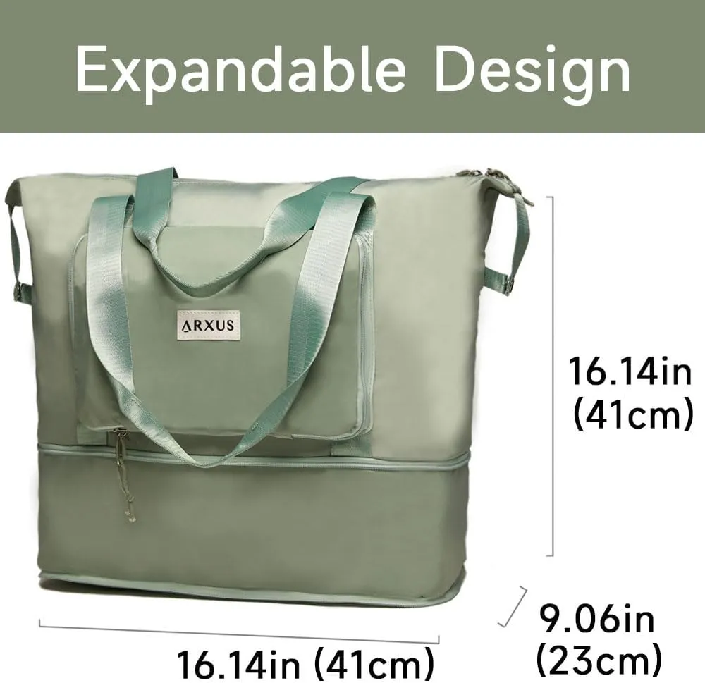 Large Folding Travel Duffle Bag, Expandable Waterproof Gym Weekend Carry On Overnight Tote Bag for Women, Green