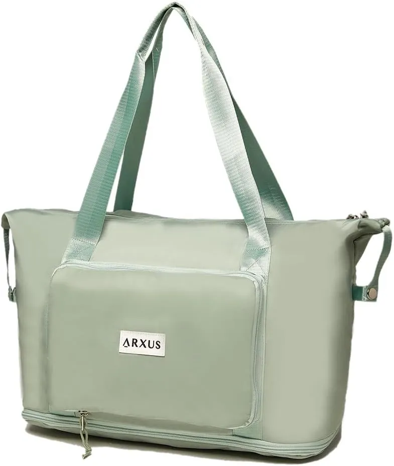 Large Folding Travel Duffle Bag, Expandable Waterproof Gym Weekend Carry On Overnight Tote Bag for Women, Green