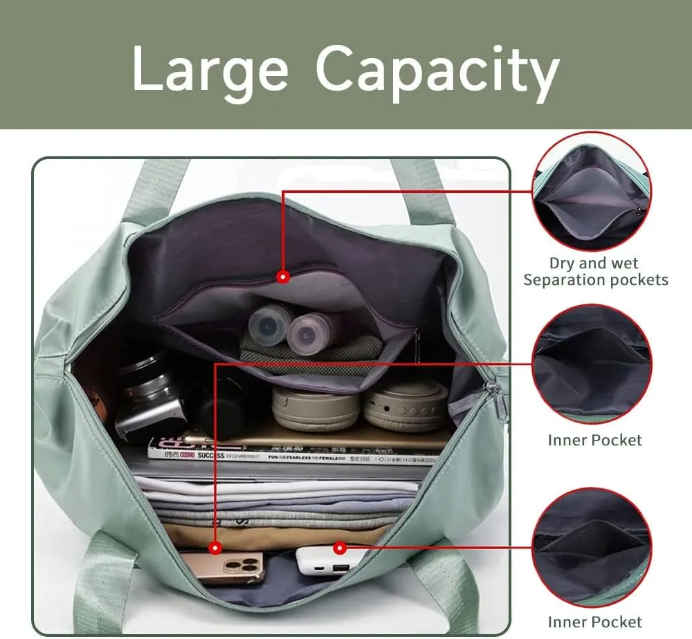 Large Folding Travel Duffle Bag, Expandable Waterproof Gym Weekend Carry On Overnight Tote Bag for Women, Green