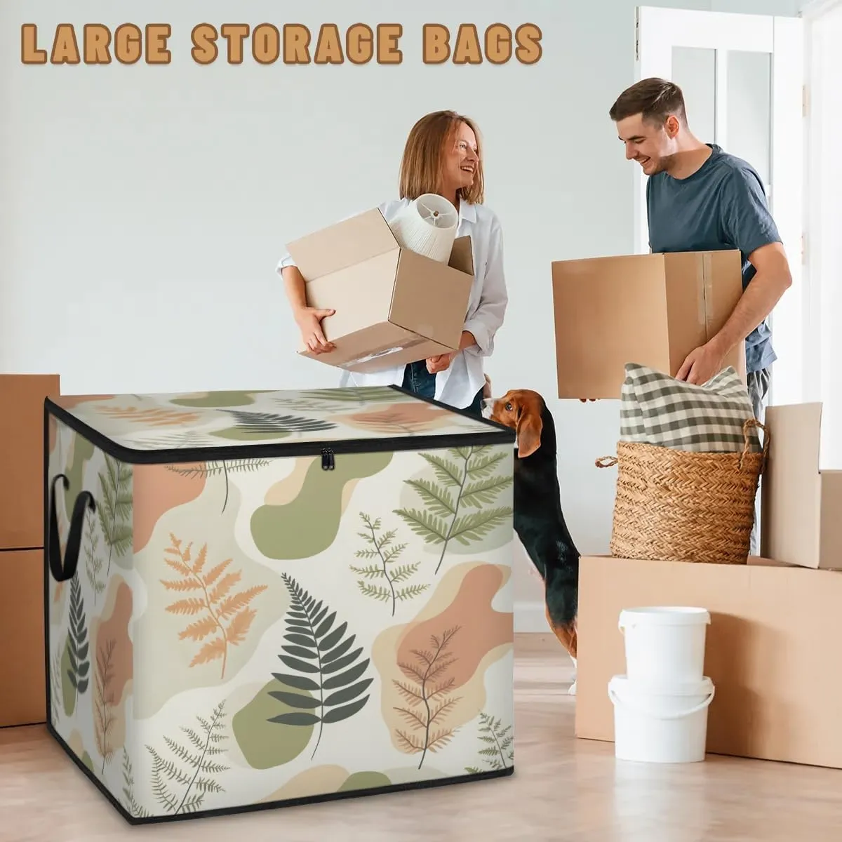 Large Storage Bags Fern Leaves Print Closet Organizer Foldable Clothes Storage Bins with Handles Storage Containers for Blanket Comforter Pillow