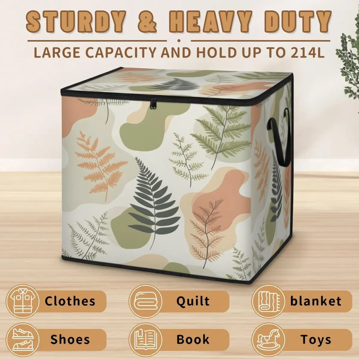 Large Storage Bags Fern Leaves Print Closet Organizer Foldable Clothes Storage Bins with Handles Storage Containers for Blanket Comforter Pillow