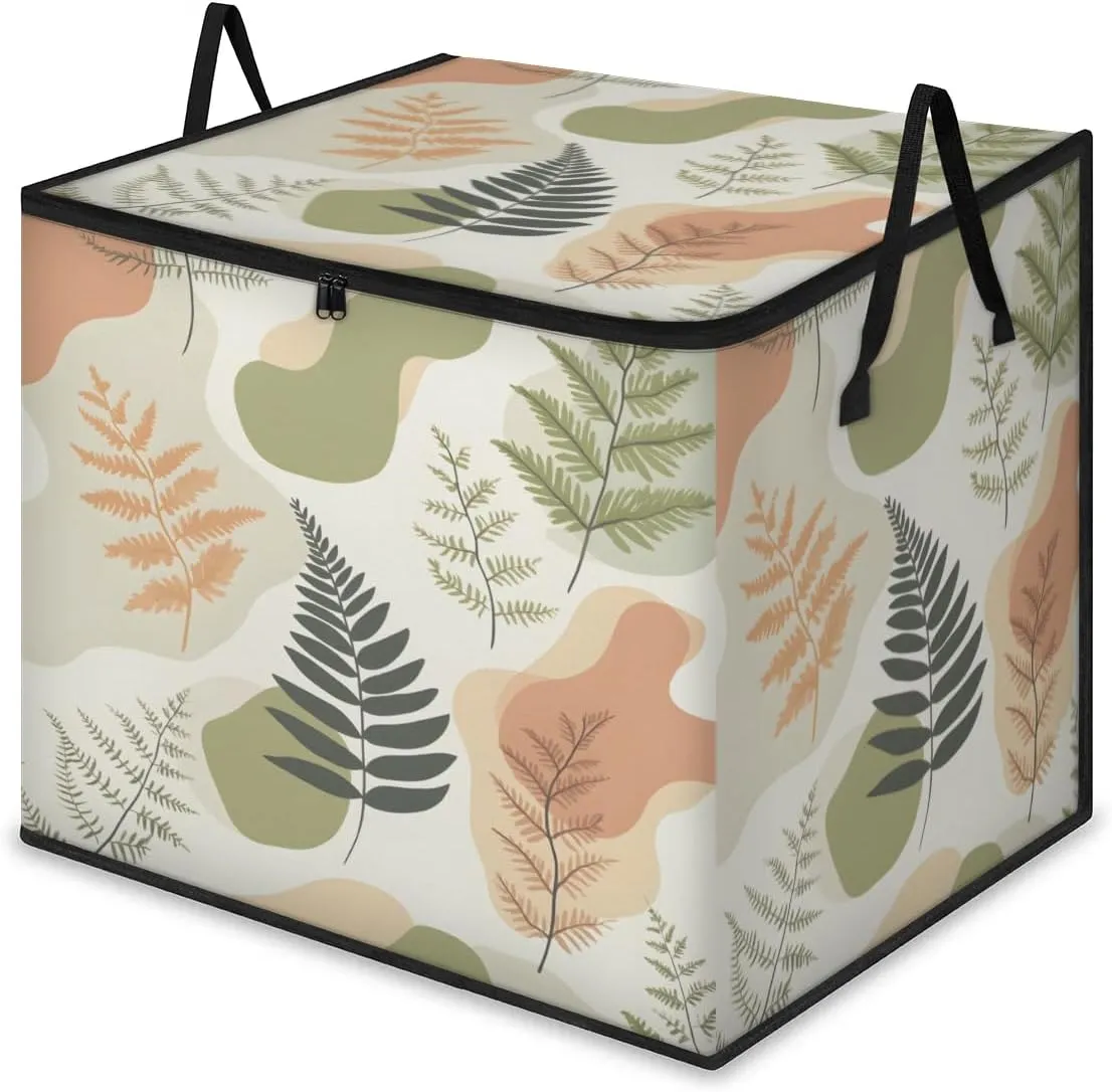 Large Storage Bags Fern Leaves Print Closet Organizer Foldable Clothes Storage Bins with Handles Storage Containers for Blanket Comforter Pillow