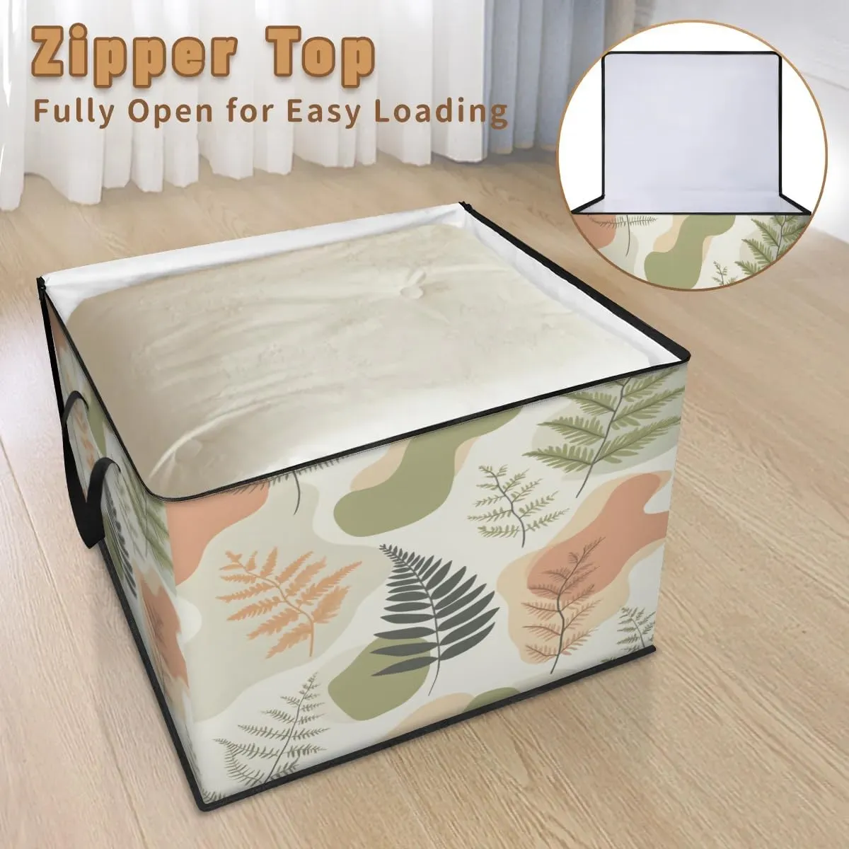 Large Storage Bags Fern Leaves Print Closet Organizer Foldable Clothes Storage Bins with Handles Storage Containers for Blanket Comforter Pillow