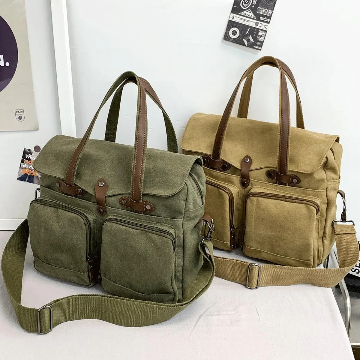 Large Vintage Canvas Messenger Shoulder Bag Travel Crossbody Bag for Men Women Messenger bag Handbag with Multiple Pockets