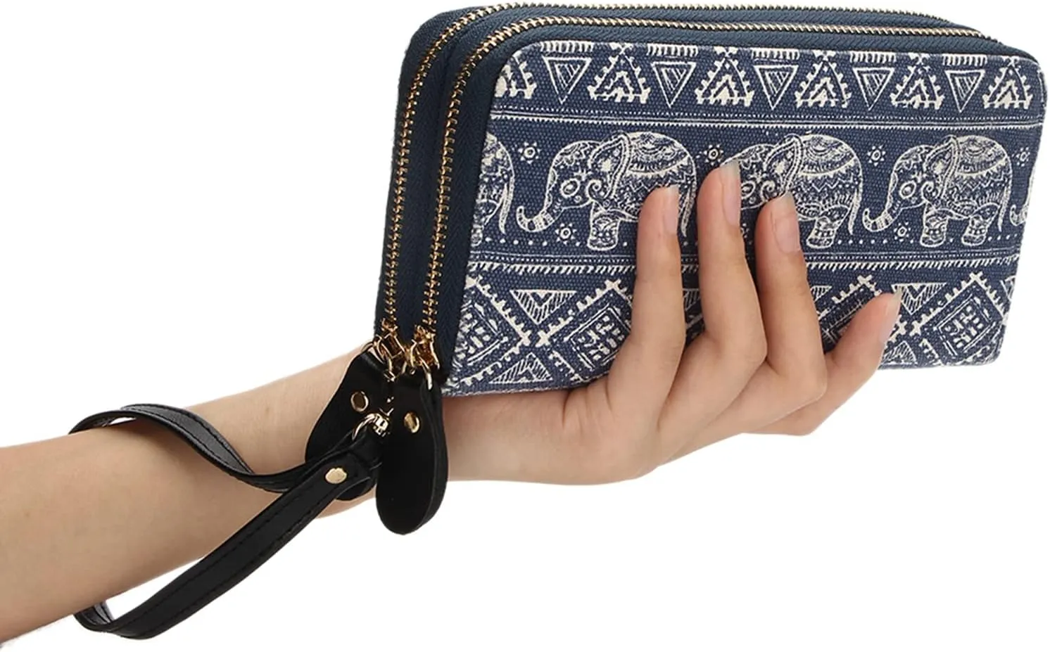 LATH.PIN RFID Blocking Bohemian Purse Wallet Canvas Elephant Pattern Handbag with Coin Pocket and Strap