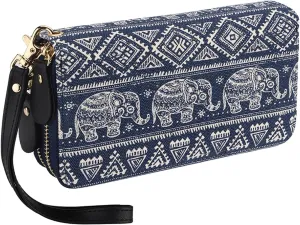 LATH.PIN RFID Blocking Bohemian Purse Wallet Canvas Elephant Pattern Handbag with Coin Pocket and Strap