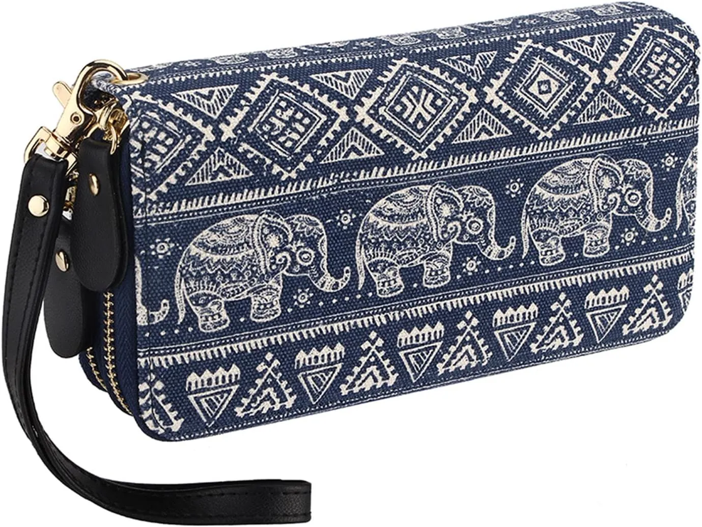 LATH.PIN RFID Blocking Bohemian Purse Wallet Canvas Elephant Pattern Handbag with Coin Pocket and Strap