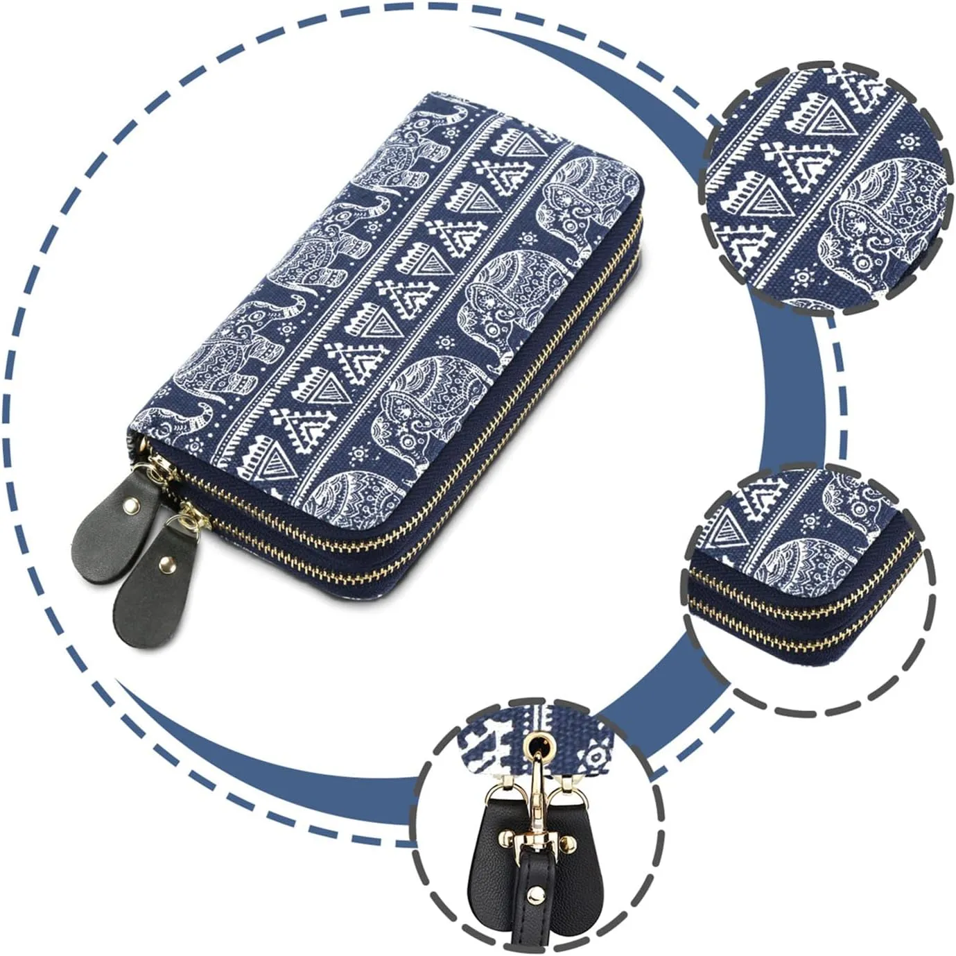 LATH.PIN RFID Blocking Bohemian Purse Wallet Canvas Elephant Pattern Handbag with Coin Pocket and Strap