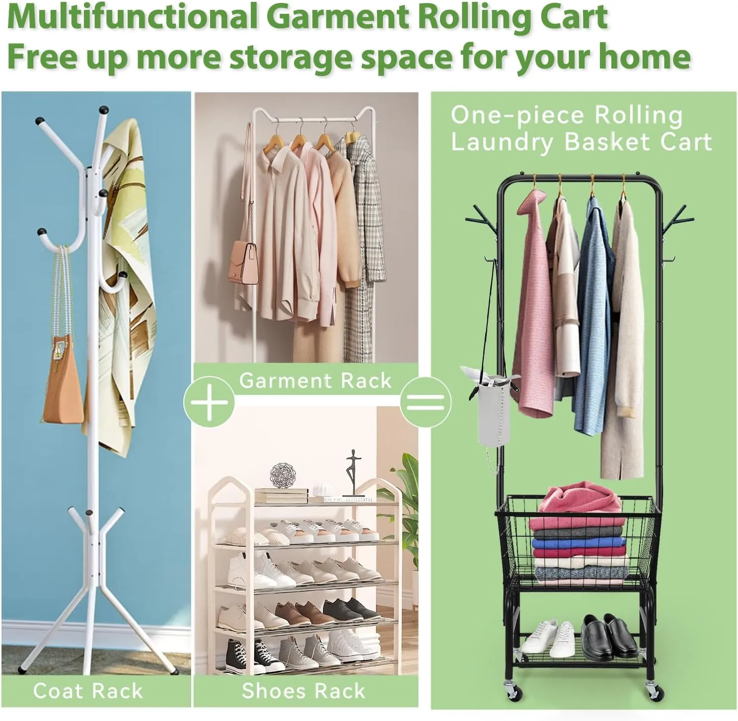 Laundry Cart with Wheels and Hanging Rack, Garment Rack with Storage Shelves and Coat/Hat Hanging Hooks, Rolling Laundry Basket for Bedroom Hallway, Black