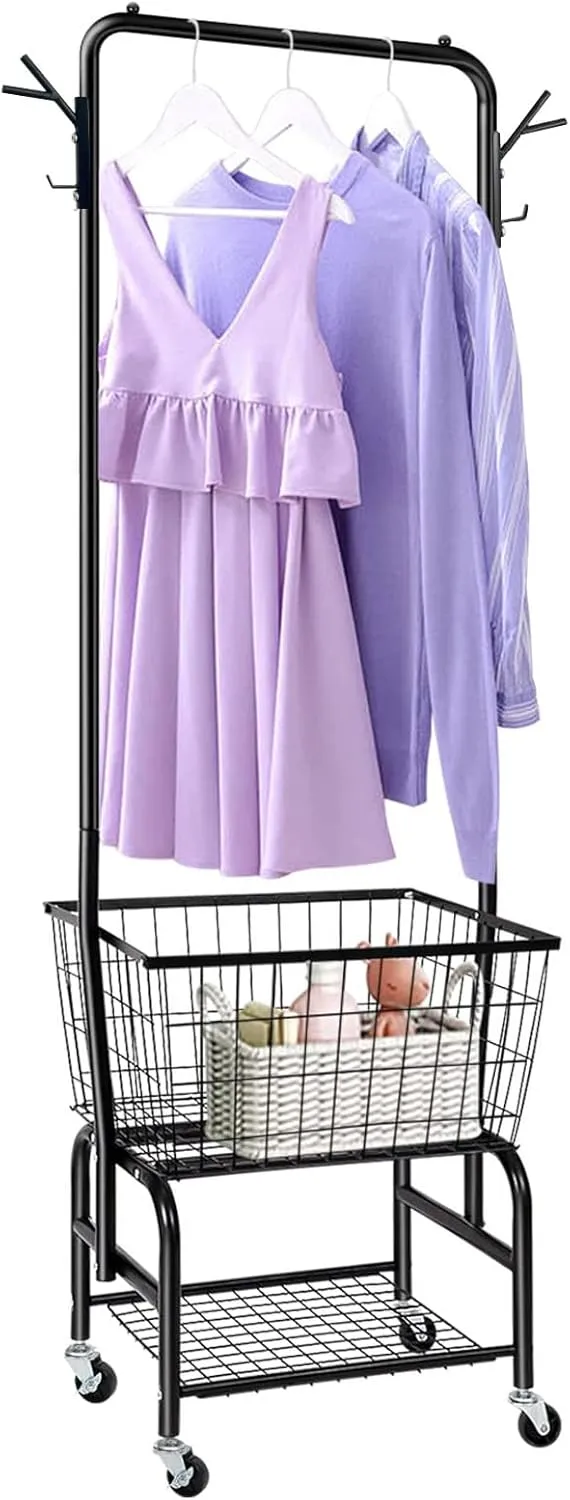 Laundry Cart with Wheels and Hanging Rack, Garment Rack with Storage Shelves and Coat/Hat Hanging Hooks, Rolling Laundry Basket for Bedroom Hallway, Black