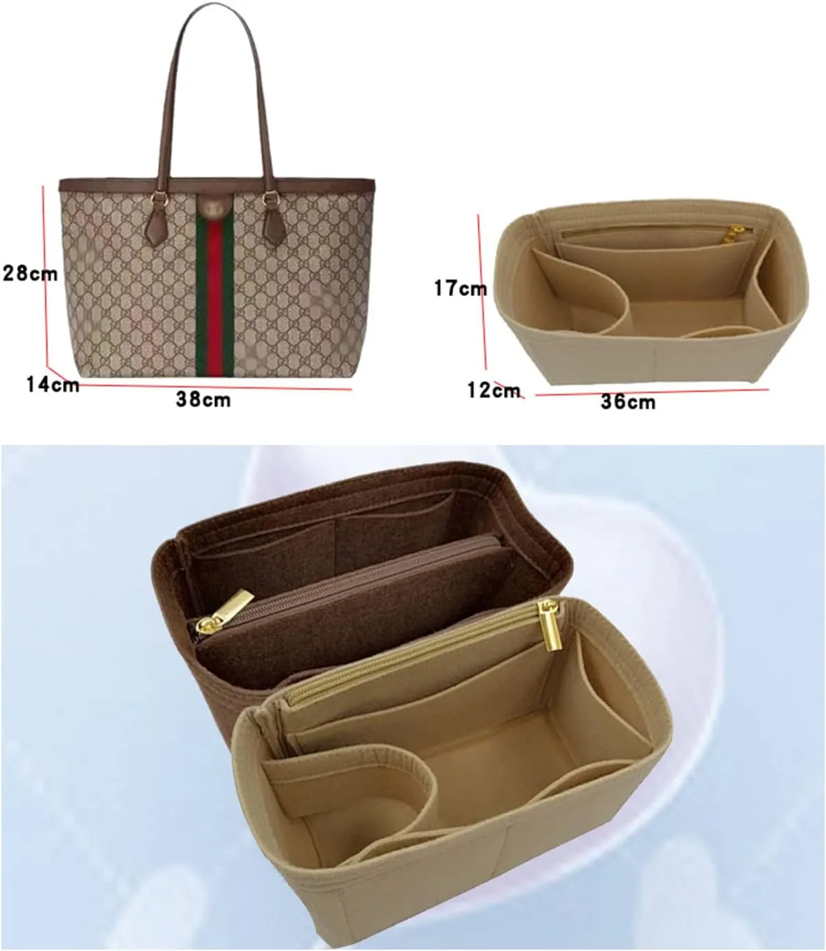 Lckaey Purorganizer is used for ophidia medium tote bag lining storage bag insert3010khaki-B