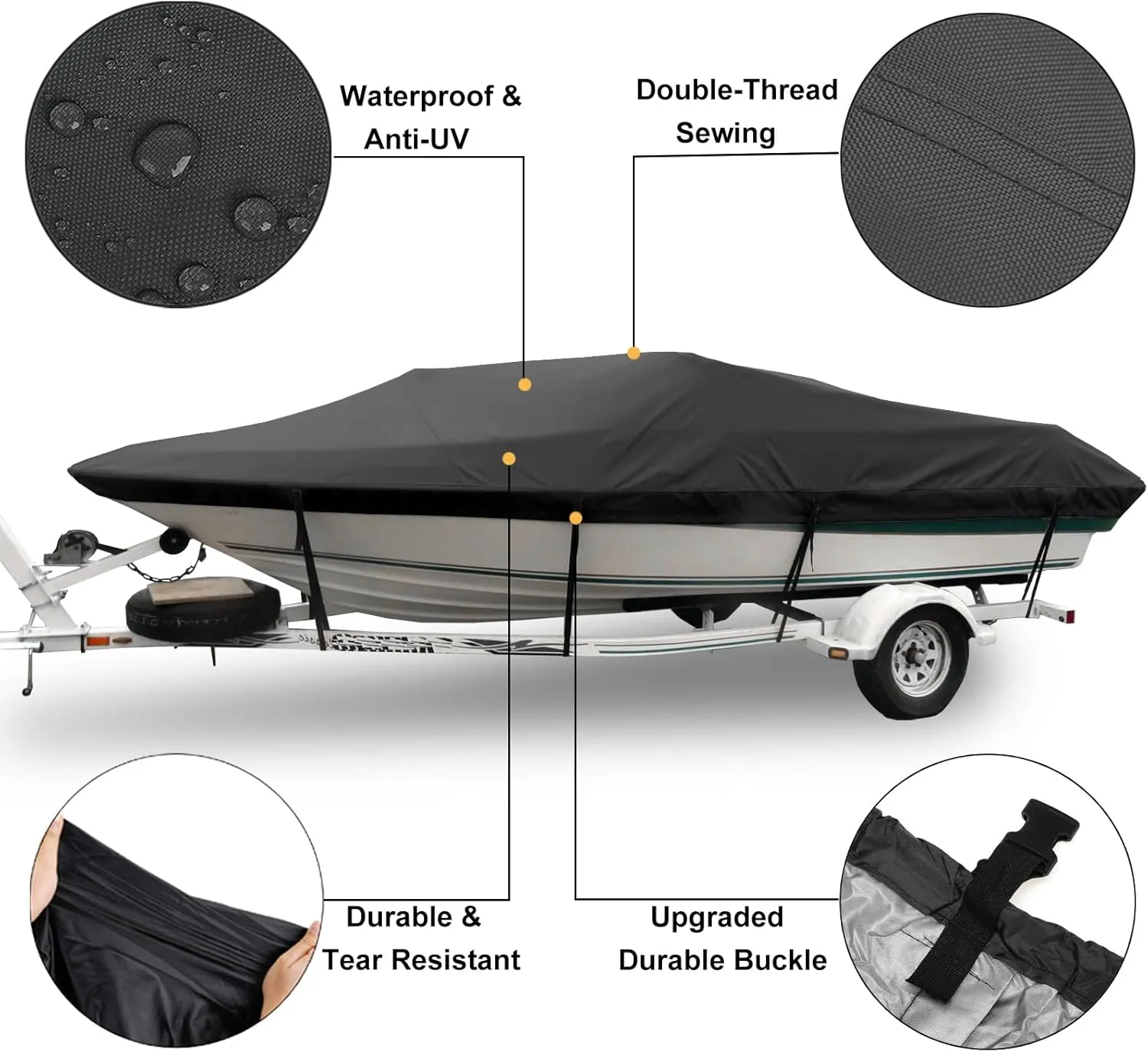 LDIW 420D Trailerable Boat Cover UV Protection Dust-Proof Waterproof Boat Covers Fit for V-Hull, Tri-Hull, Bass Boat, Runabout, Fish & Ski Boat,Black,12~14FT: 450x230cm