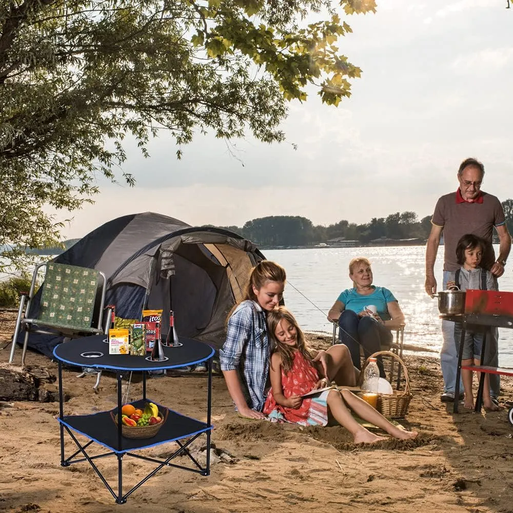 LEADALLWAY Folding Picnic Table Portable Outdoor Camping Table with 4 Cup Holders and Carrying Bags,Collapsible Canvas Travel Table for Outdoor Picnic,Barbecue,Travel,Fishing (Black Blue)