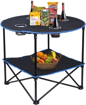 LEADALLWAY Folding Picnic Table Portable Outdoor Camping Table with 4 Cup Holders and Carrying Bags,Collapsible Canvas Travel Table for Outdoor Picnic,Barbecue,Travel,Fishing (Black Blue)
