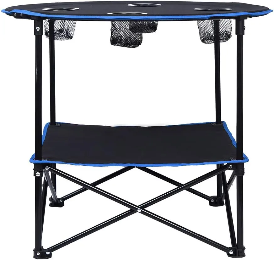 LEADALLWAY Folding Picnic Table Portable Outdoor Camping Table with 4 Cup Holders and Carrying Bags,Collapsible Canvas Travel Table for Outdoor Picnic,Barbecue,Travel,Fishing (Black Blue)