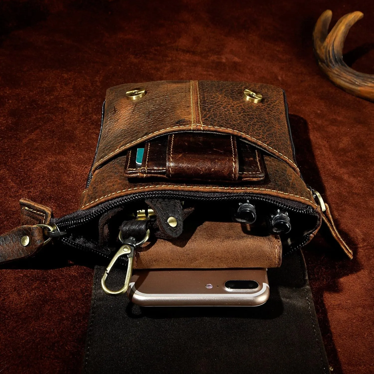Le'aokuu Mens Genuine Leather Small Messenger Shoulder Satchel Phone Pouch Belt Fanny Waist Bag Pack