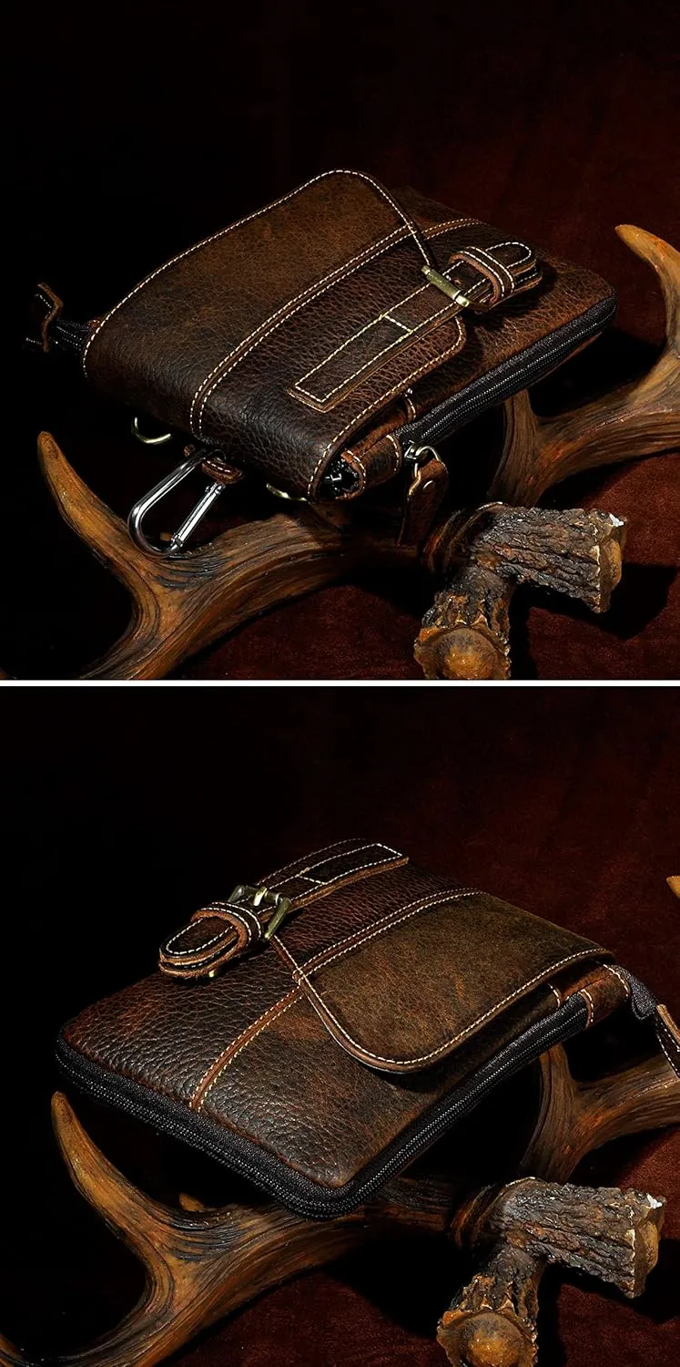 Le'aokuu Mens Genuine Leather Small Messenger Shoulder Satchel Phone Pouch Belt Fanny Waist Bag Pack