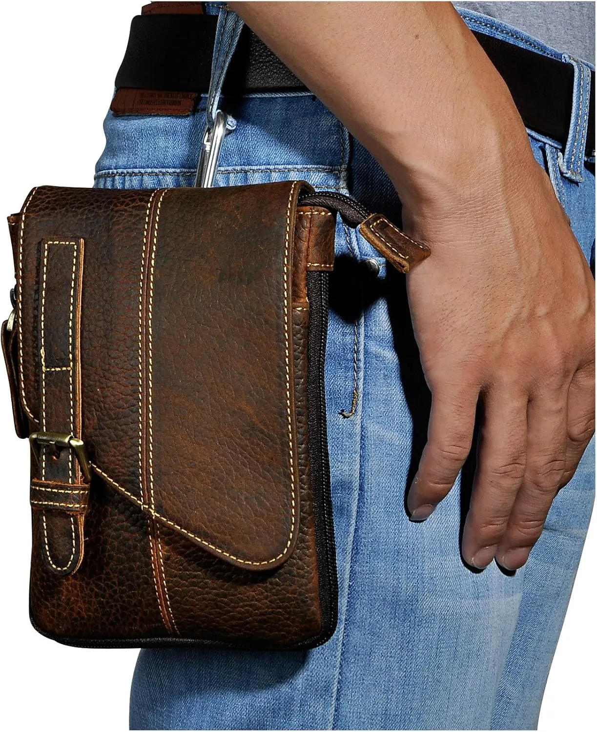 Le'aokuu Mens Genuine Leather Small Messenger Shoulder Satchel Phone Pouch Belt Fanny Waist Bag Pack