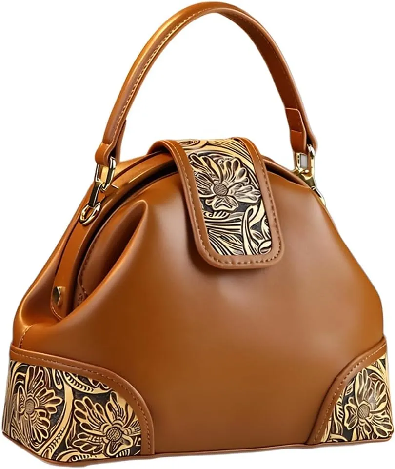 Leather Carving Design Purses For Women Top Handle Satchel Crossbody Handbags Small Dumpling Shoulder Messenger Bags