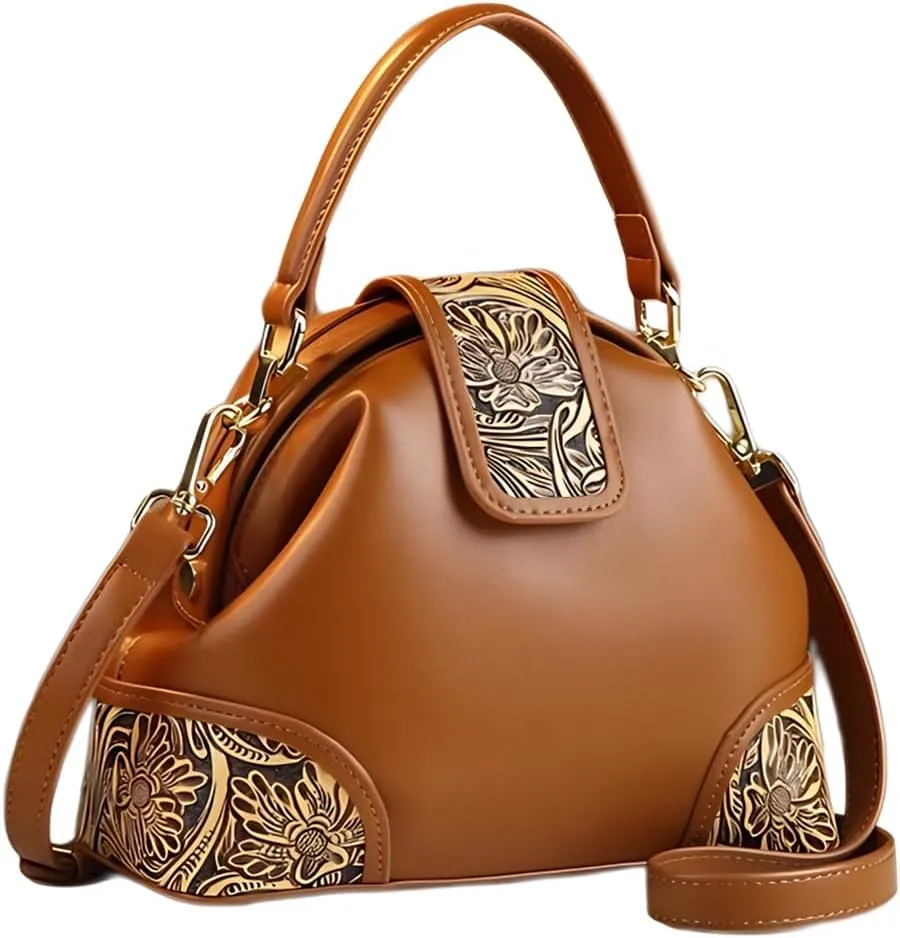Leather Carving Design Purses For Women Top Handle Satchel Crossbody Handbags Small Dumpling Shoulder Messenger Bags