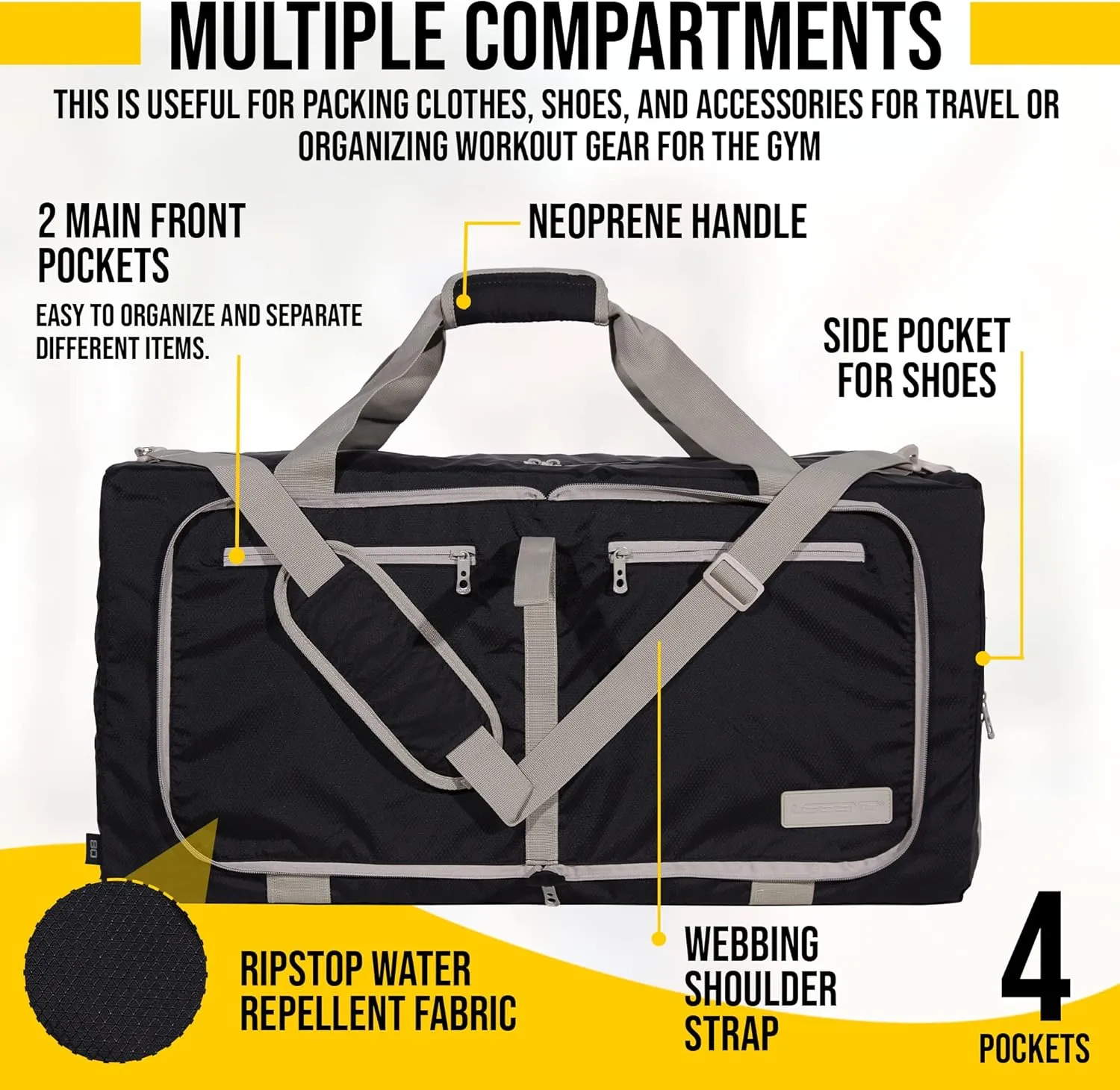 LEGEND 60L Foldable Duffle Bag for Travel - Packable Duffle Bags w/Shoe Compartment - Tear Resistant Collapsible Duffel Bags for Traveling - Lightweight Folding Duffel Bag for Men & Women -Black