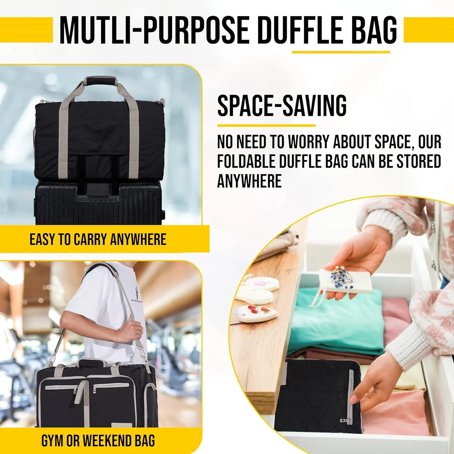 LEGEND 60L Foldable Duffle Bag for Travel - Packable Duffle Bags w/Shoe Compartment - Tear Resistant Collapsible Duffel Bags for Traveling - Lightweight Folding Duffel Bag for Men & Women -Black