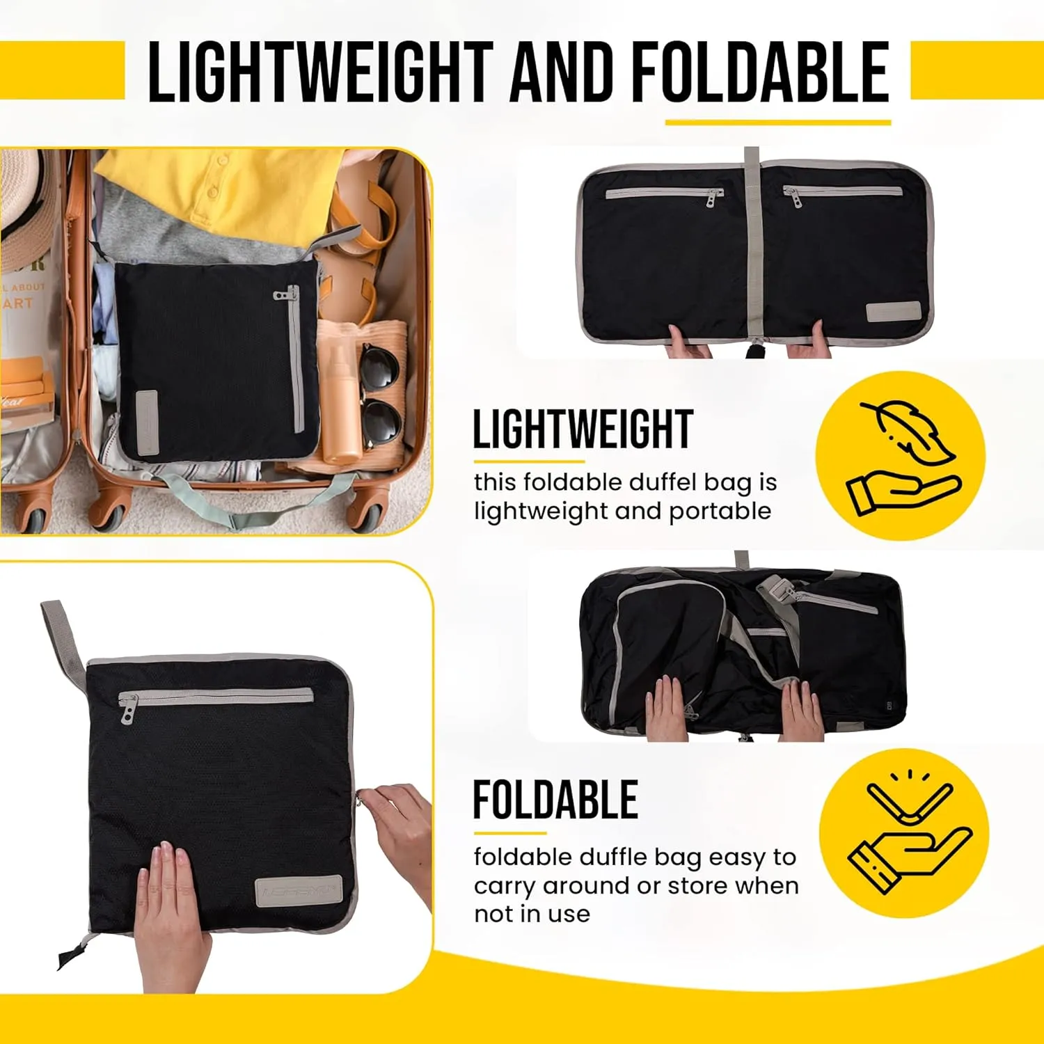 LEGEND 60L Foldable Duffle Bag for Travel - Packable Duffle Bags w/Shoe Compartment - Tear Resistant Collapsible Duffel Bags for Traveling - Lightweight Folding Duffel Bag for Men & Women -Black