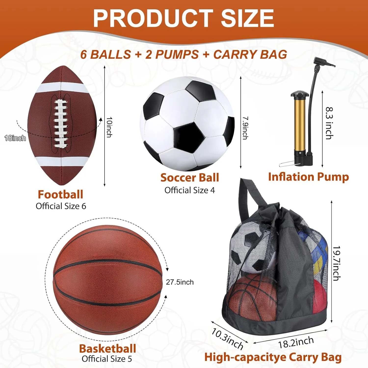 Lenwen 6 Pcs Sport Balls Set for Kids Teens, Include Official Size Basketball Football Soccer Ball with Sport Equipment Bags and Pumps for Training Practice Back to School