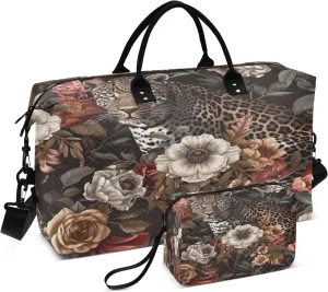 Leopard Flower Travel Duffel Bags with Toiletry Bag and Adjustable Strap for Travel Gym Yoga