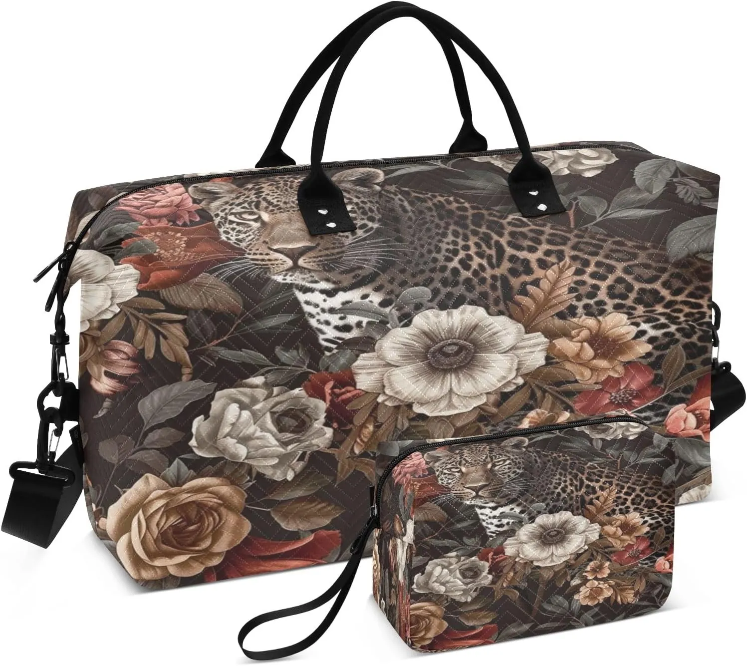 Leopard Flower Travel Duffel Bags with Toiletry Bag and Adjustable Strap for Travel Gym Yoga