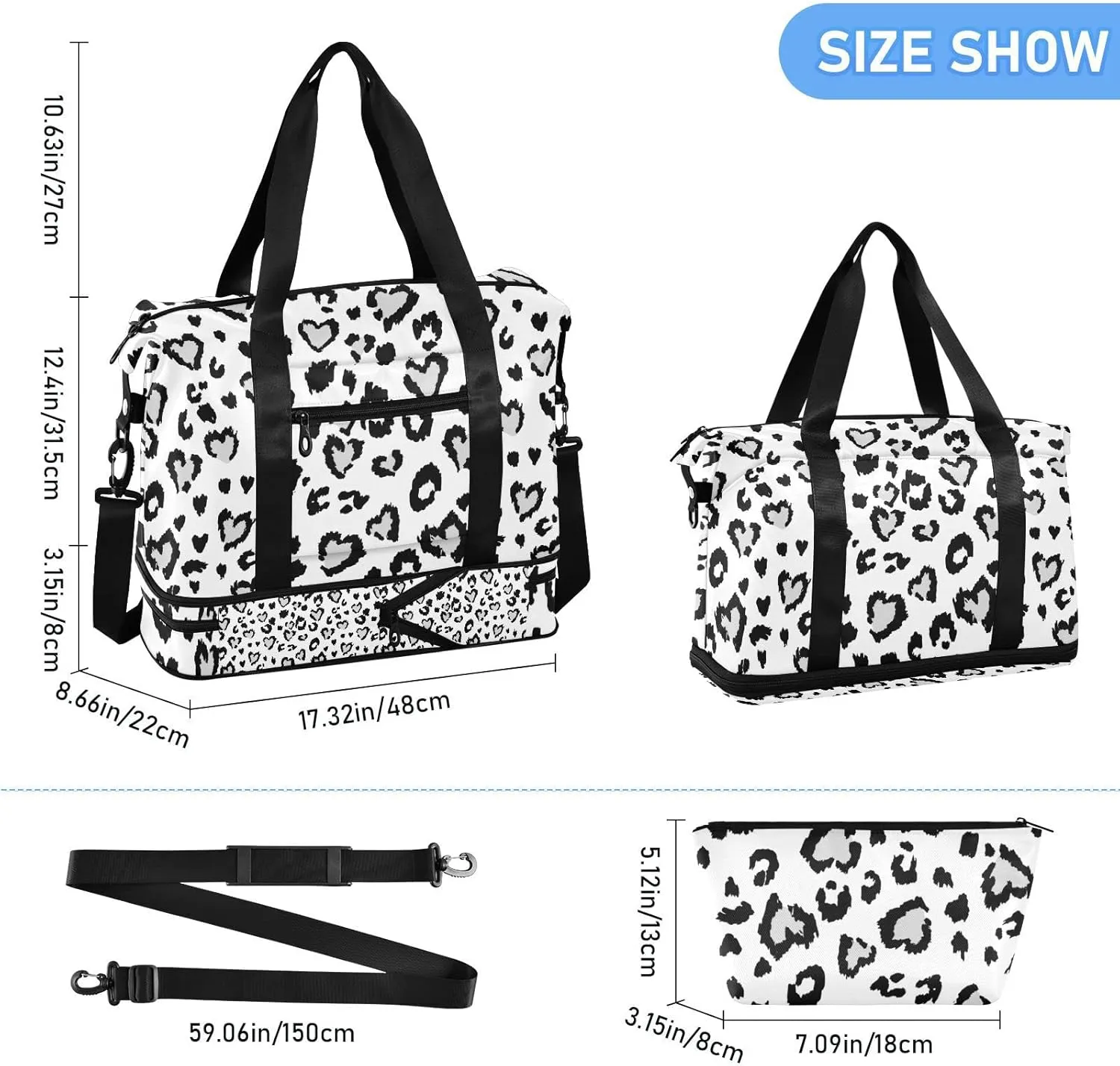 Leopard Jaguar Skin with Grey Hearts Black Spots Animal Print Gym Duffel Bag, Polyester Travel Weekender Luggage Handbag with Waterproof Pocket for Wet Items, Unisex Foldable Tote for Sports