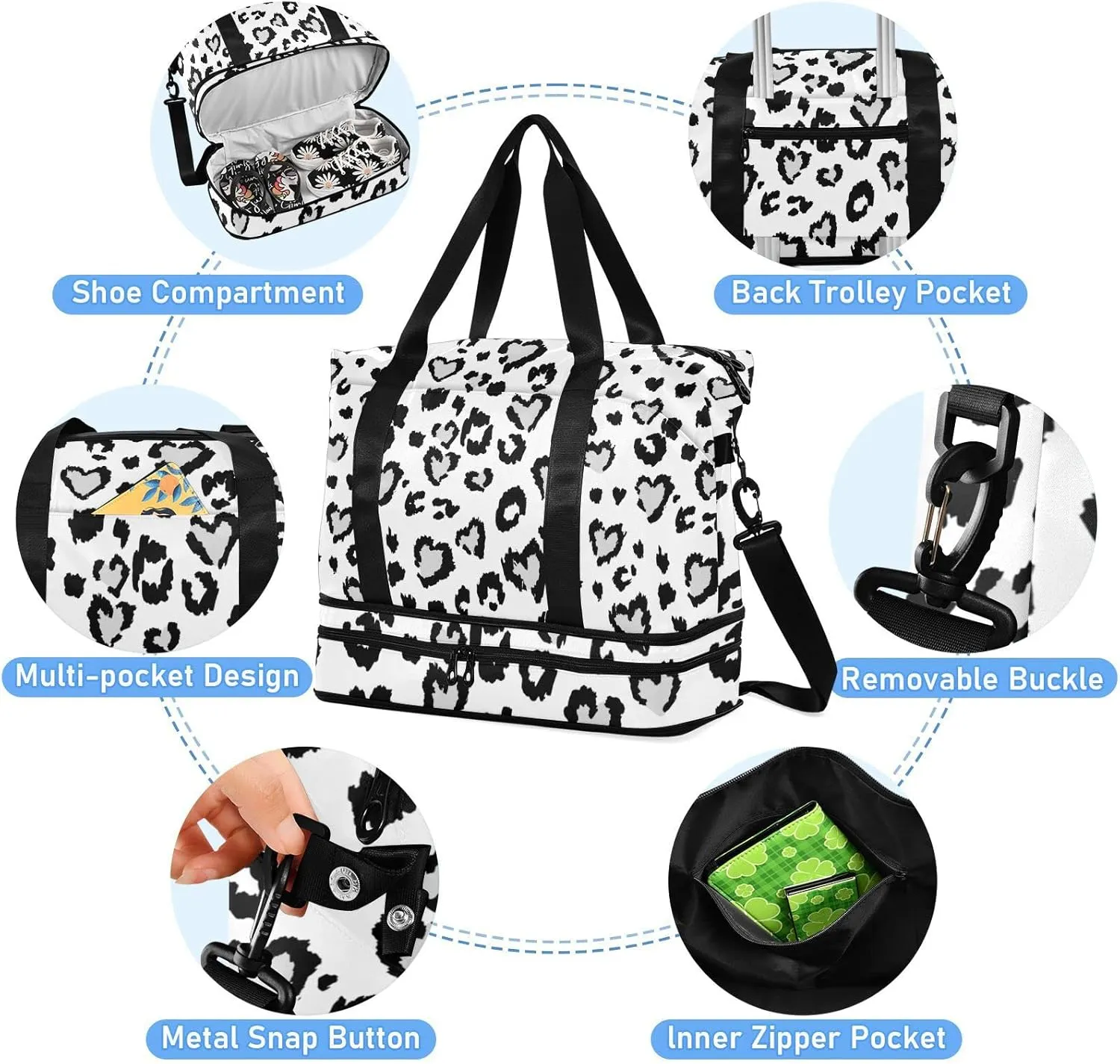 Leopard Jaguar Skin with Grey Hearts Black Spots Animal Print Gym Duffel Bag, Polyester Travel Weekender Luggage Handbag with Waterproof Pocket for Wet Items, Unisex Foldable Tote for Sports