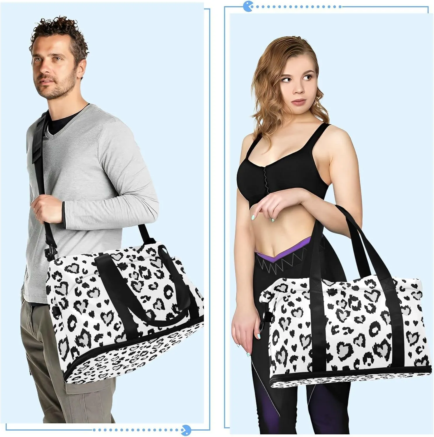 Leopard Jaguar Skin with Grey Hearts Black Spots Animal Print Gym Duffel Bag, Polyester Travel Weekender Luggage Handbag with Waterproof Pocket for Wet Items, Unisex Foldable Tote for Sports