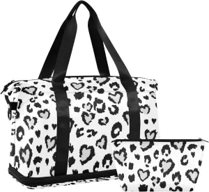 Leopard Jaguar Skin with Grey Hearts Black Spots Animal Print Gym Duffel Bag, Polyester Travel Weekender Luggage Handbag with Waterproof Pocket for Wet Items, Unisex Foldable Tote for Sports